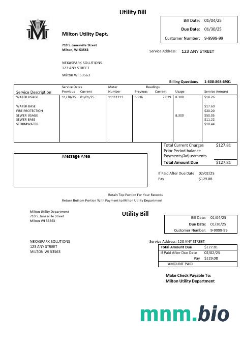 USA Massachusetts Milton Utility Dept water rachunek za usługi komunalne szablon w formatach Word i PDF